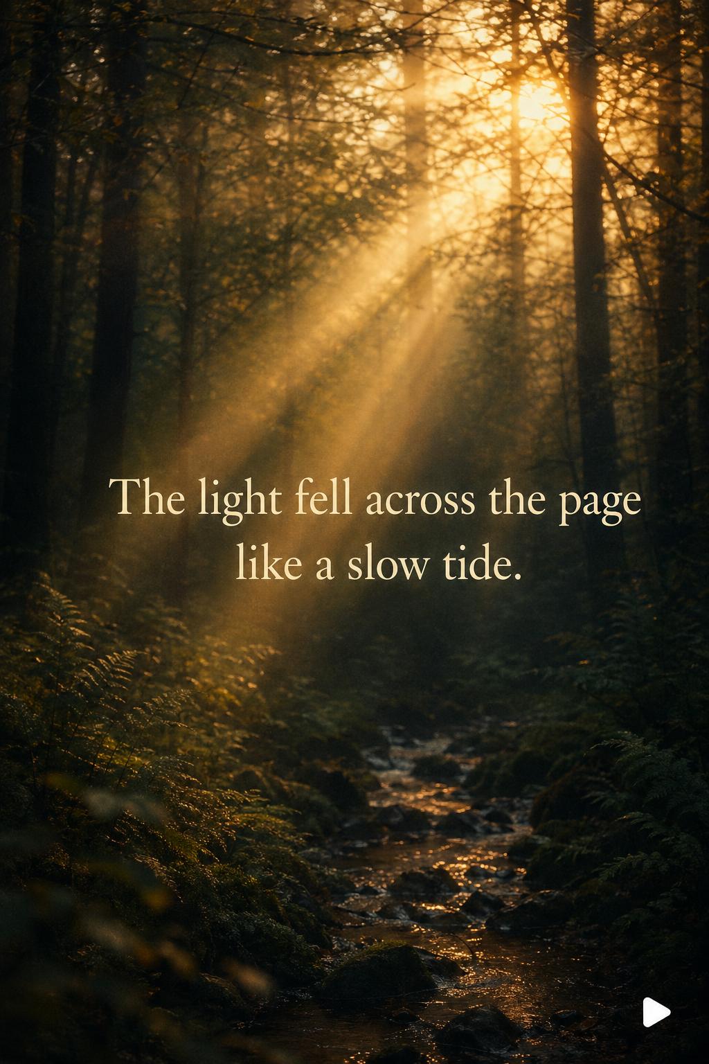 A passage of a book displayed in elegant serif type, floating over a misty golden-hour forest streamed from YouTube